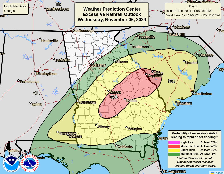NWSWPC's tweet photo. 🚨 A Moderate Risk (level 3 out of 4) for Excessive Rainfall is in effect today for parts of Georgia and South Carolina. Slow-moving storms capable of intense rainfall rates are likely to lead to areas of flash flooding. #TurnAroundDontDrown #GAwx #SCwx https://t.co/WzyQLpu1yb