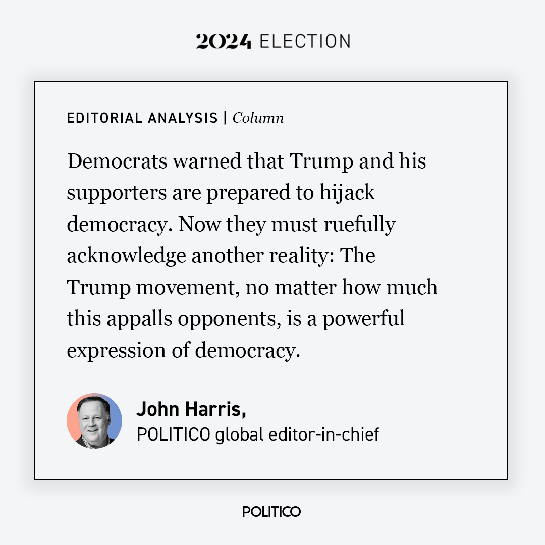 Column: Trump has humiliated his foes and proved he's a force of history, writes our founding editor <a href="/harrispolitico/">John F. Harris</a>  👉 politi.co/3YuoRz6