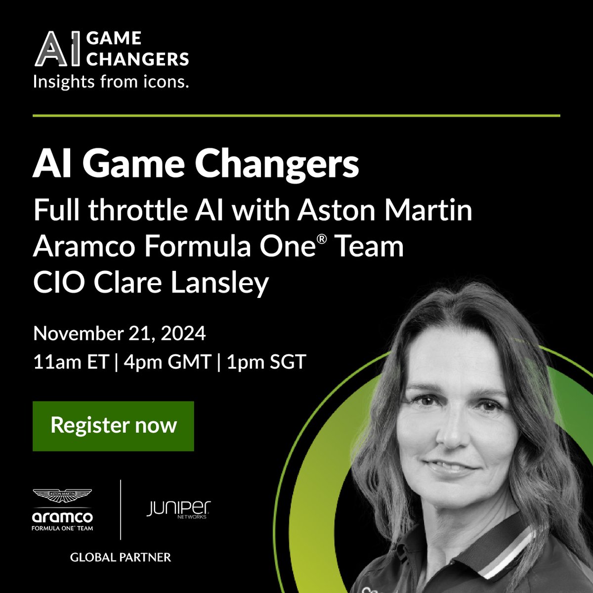 Davidebi's tweet photo. In our final 2024 AI Game Changers event, @JuniperNetworks' CIO Sharon Mandell chats with @AstonMartinF1's CIO Clare Lansley on their team's use of AI to push critical marginal gains. https://t.co/a5p72N6OkF https://t.co/kWkKiq2Hzl
