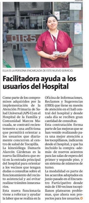 La Estrella destaca la labor de nuestra anfitriona y facilitadora; Damaris Alarcón Cárdenas; que cada día está en la entrada principal del hospital para orientar a nuestras usuarias y usuario. Trabajo que logró gracias a la implementación de la reforma de la APS Universal.