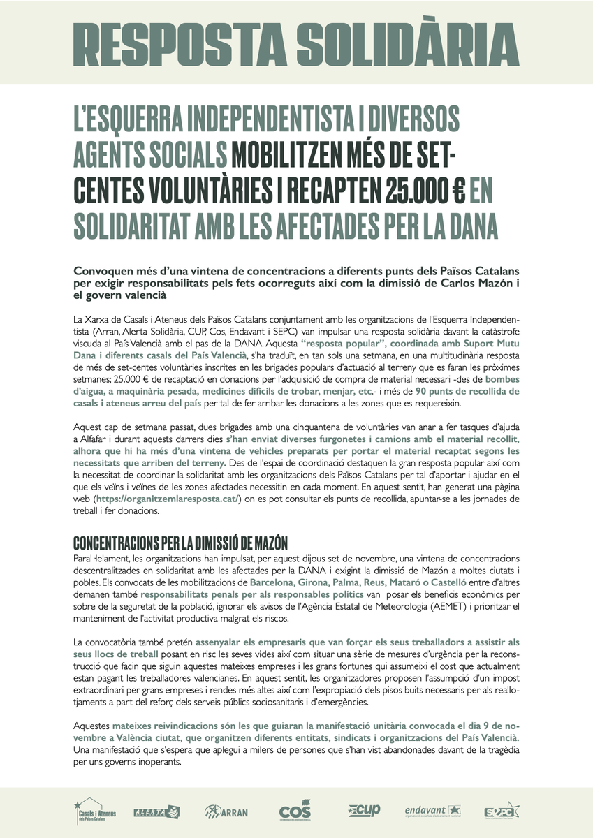 cupnacional's tweet photo. 🧹 L’Esquerra Independentista i diversos agents socials mobilitzen més de set-centes voluntàries i recapten 25.000 € en solidaritat amb les afectades per la DANA

🔗 https://t.co/X9lQmkQizL https://t.co/quAjEKRSjB