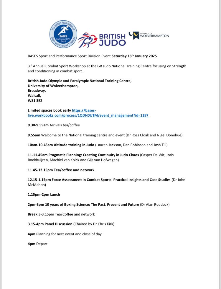 🚨 Excited to announce the 3rd Combat Sport Workshop, happening on January 18, 2025, at the home of British Judo!  

🎯 The workshop will bring together researchers, practitioners, and athletes.

🚨Places are limited so please book via bases-live.workbooks.com/process/1QDN0U…