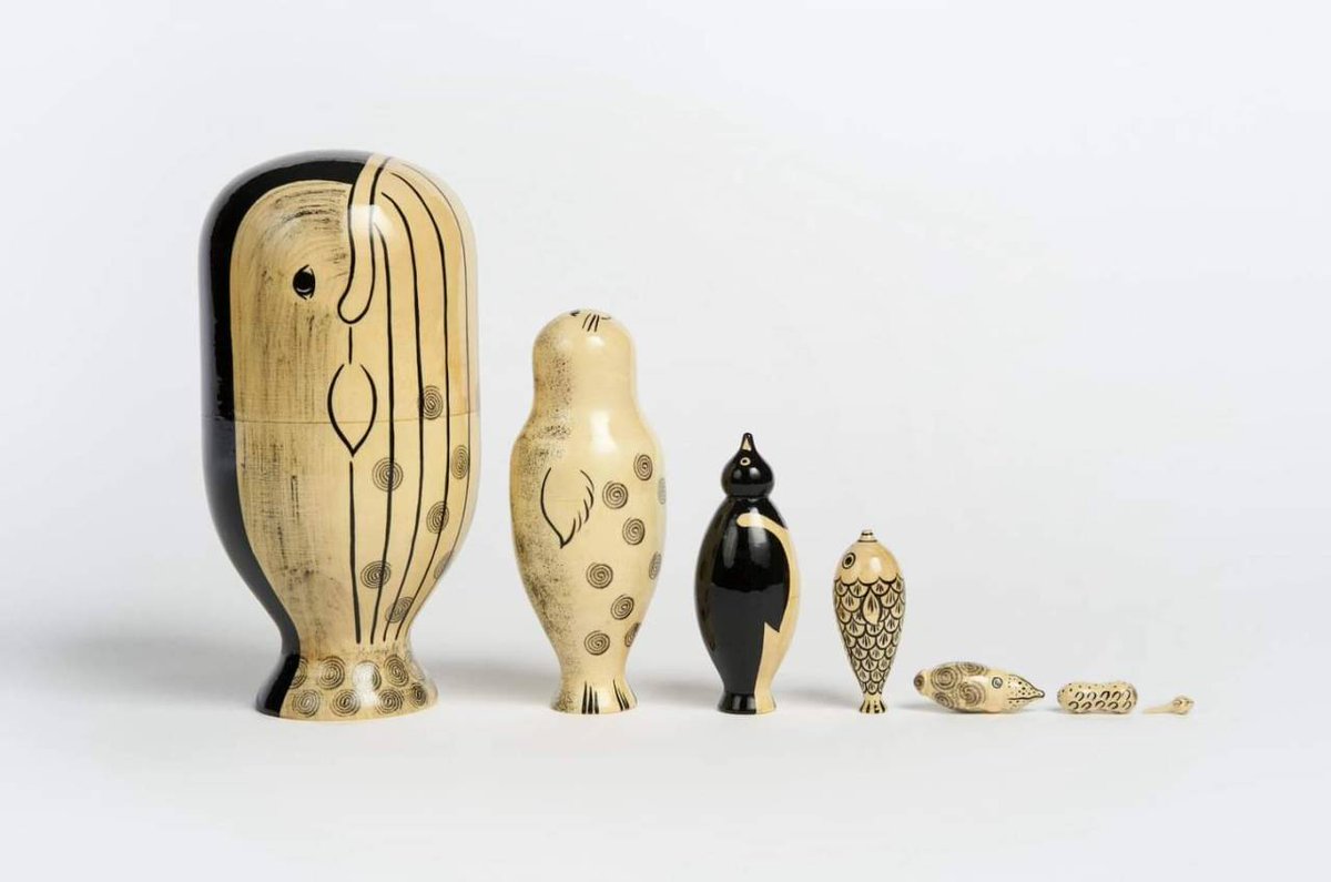 Sea Matryoshka – A whimsical set of nesting dolls featuring a sequence of sea creatures: a whale, seal, penguin, fish, calamari, sea cucumber, and plankton. Created in Semenov, Russia, for Helsinki-based studio Company.