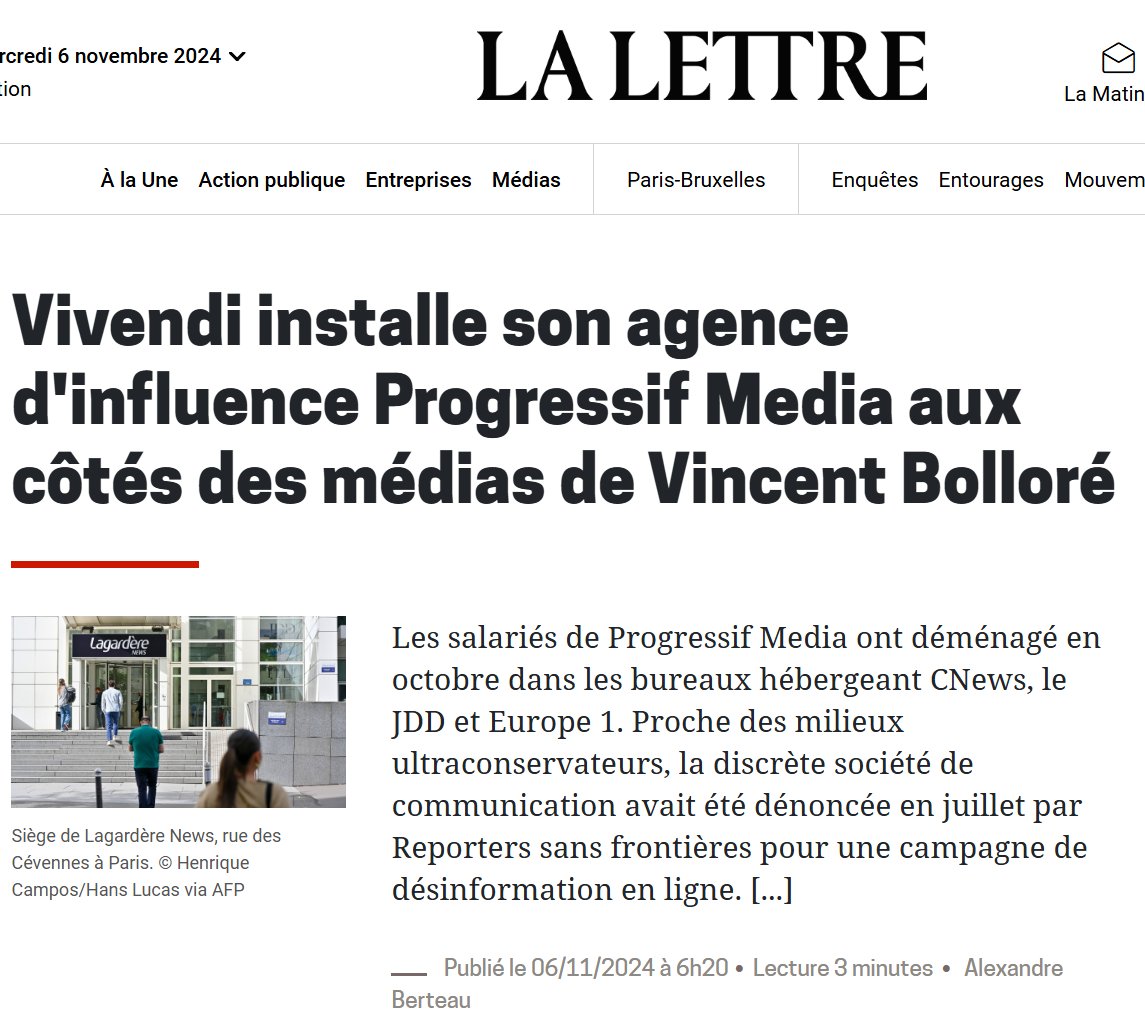 #ProgressifMedia, l'agence qui dirige le compte "les corsaires" destiné à entraver nos actions et "fan de CNews", faux compte de fan au service de Bolloré relayant le discours d'extrême-droite, est maintenant installée dans un bureau voisin de CNews.
<a href="/aberteau_/">Alexandre Berteau</a> pour <a href="/lalettre_fr/">LA LETTRE</a>
