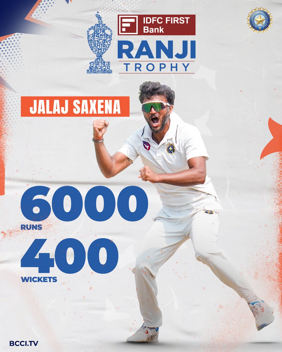Milestone unlocked 🔓

A rare double ✌️

Jalaj Saxena becomes the first player to achieve a double of 6000 runs and 400 wickets in #RanjiTrophy 👏👏

<a href="/IDFCFIRSTBank/">IDFC FIRST Bank</a> | <a href="/jalajsaxena33/">Jalaj Saxena</a>