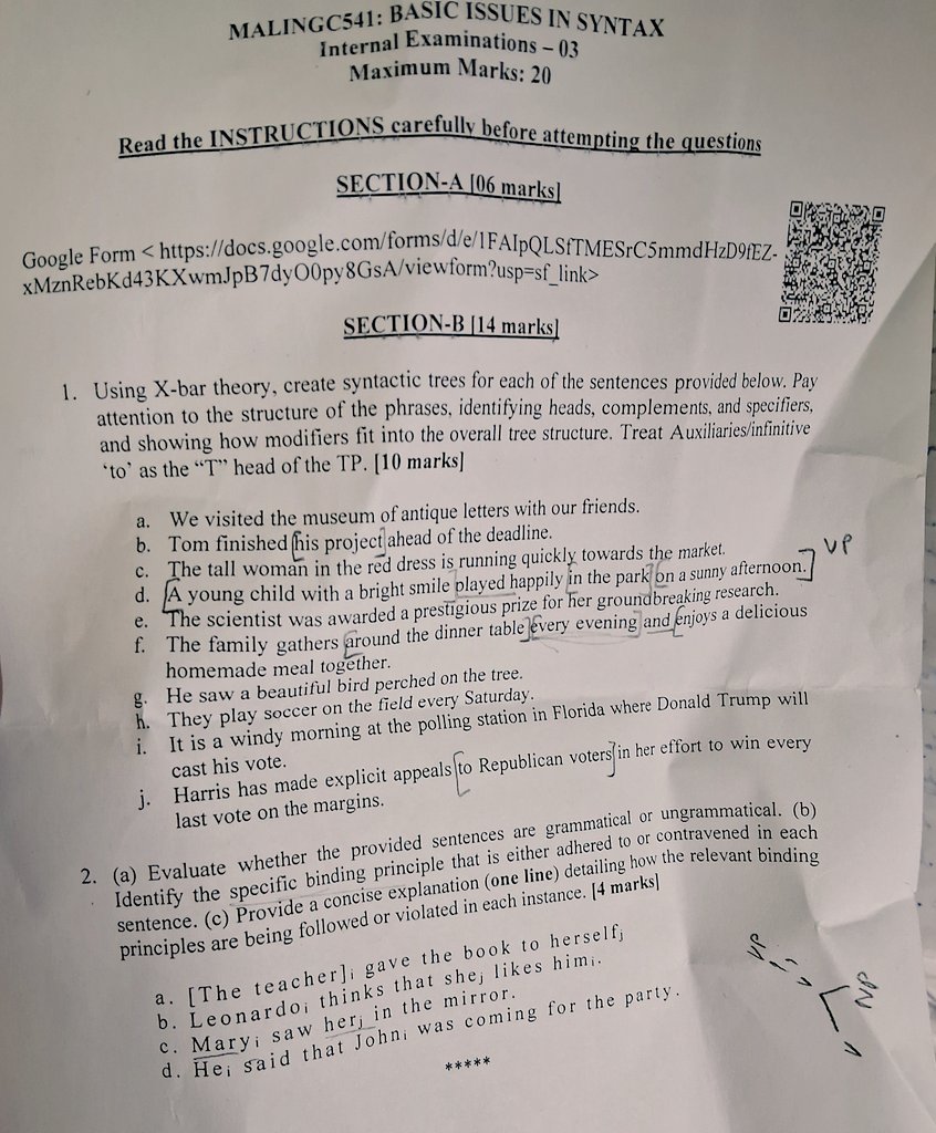 This was my syntax exam paper look at sentences i. and j. I had to draw bar trees for these sentences kinda loved and hated it at the same time. #linguisticstwt #langtwt