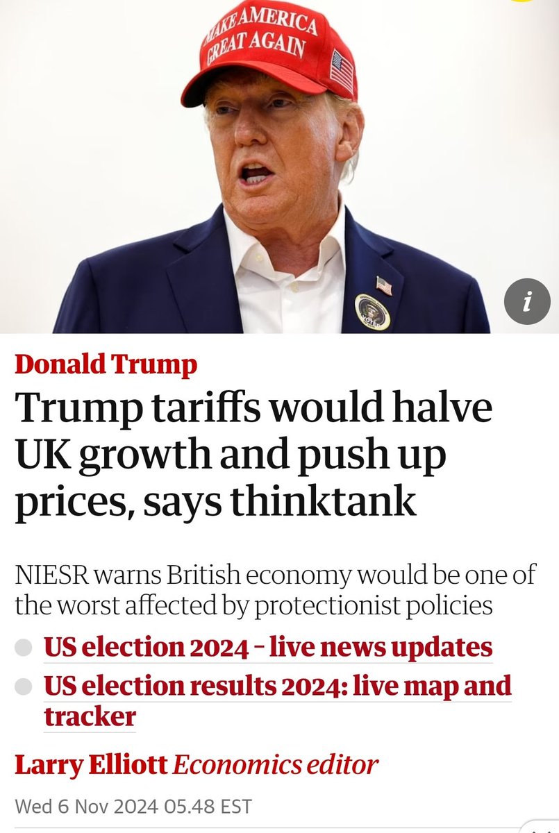 Trump’s planned tariffs will halve UK growth and make British people poorer.

Oh and if you are coming into my mentions trying to make the case for this deluded idiot please come armed with something better than crying emojis and a racist feed

Ta

theguardian.com/us-news/2024/n…