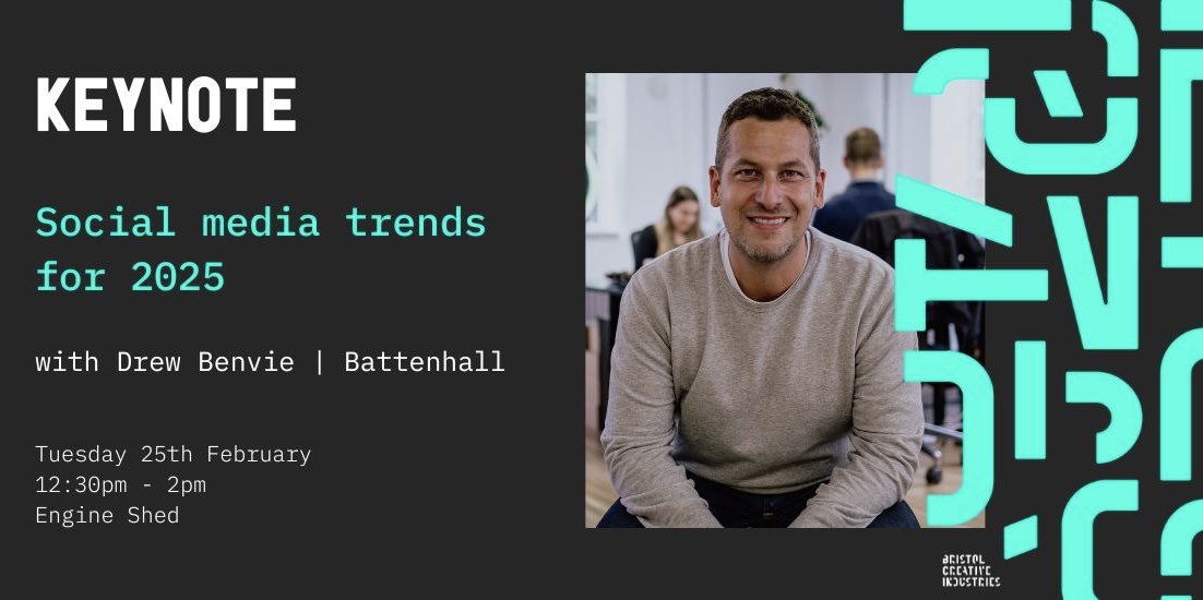 Bristol Creative Industries (@bristol_ci) on Twitter photo We’re happy to announce our second in person #Bristol keynote event for next year 🙌
Social media trends for 2025 with <a href="/drewb/">Drew Benvie</a> <a href="/battenhall/">Battenhall</a>
Join us at <a href="/EngineShed_BB/">Engine Shed</a> on 25 February.
Discounted £25 +VAT tickets for BCI members until 31 Dec.
Register: buff.ly/3O0uS1C We’re happy to announce our second in person #Bristol keynote event for next year 🙌
Social media trends for 2025 with <a href="/drewb/">Drew Benvie</a> <a href="/battenhall/">Battenhall</a>
Join us at <a href="/EngineShed_BB/">Engine Shed</a> on 25 February.
Discounted £25 +VAT tickets for BCI members until 31 Dec.
Register: buff.ly/3O0uS1C