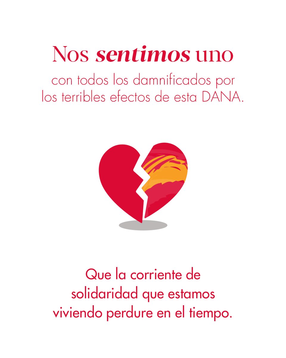 Nos sentimos uno con todos los damnificados por los terribles efectos de esta DANA. Que la corriente de solidaridad que estamos viviendo perdure en el tiempo.

#DANA #FuerzaValencia
#MarcasQueHacenSentir