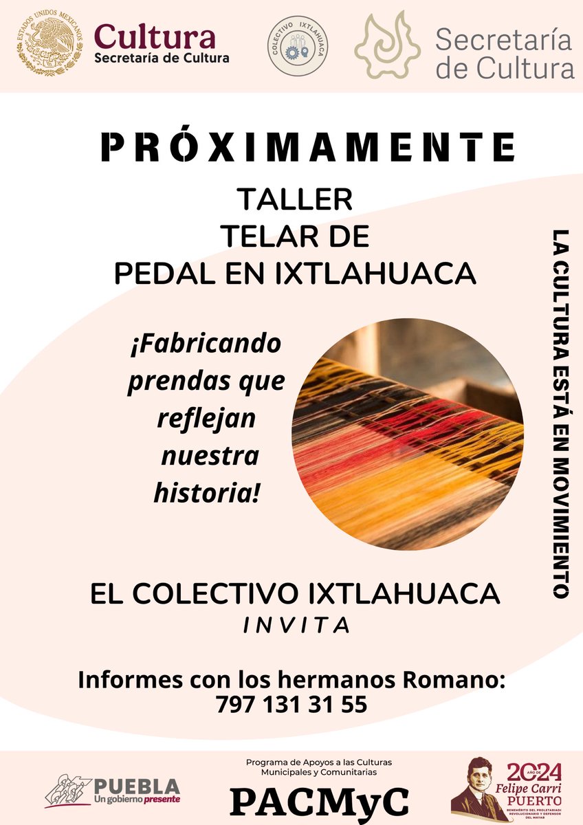 artechiconahui's tweet photo. Próximamente, taller Telar de Pedal en Ixtlahuaca.

Tradición, arte y cultura.

#laculturaestaenmovimiento https://t.co/EXXLqOKnLx