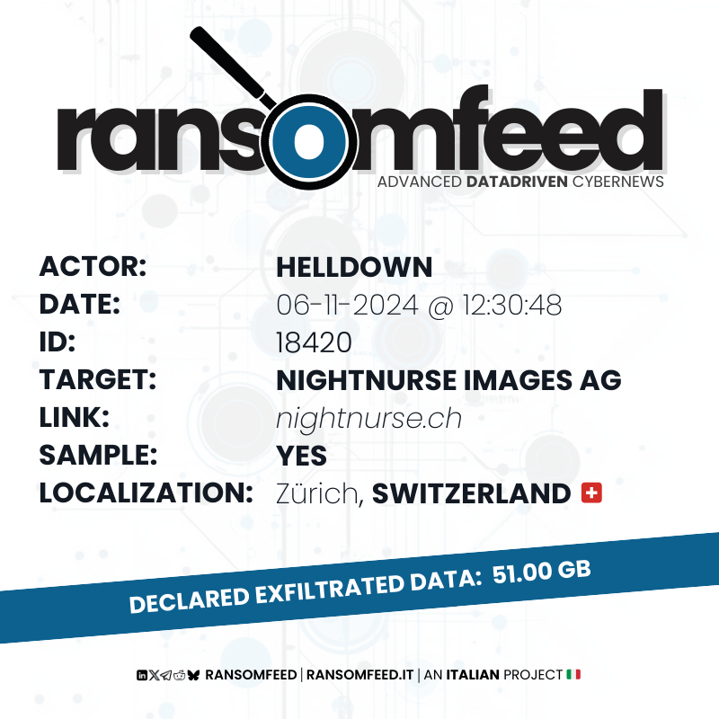 ransomfeednews's tweet photo. ๐๐ฐ๐๐ผ๐ฟ: #helldown
๐ฉ๐ถ๐ฐ๐๐ถ๐บ: Nightnurse Images AG | sito
๐๐ผ๐๐ป๐๐ฟ๐: Switzerland ๐จ๐ญ
๐ฆ๐ฎ๐บ๐ฝ๐น๐ฒ: yes
๐๐
๐ณ๐ถ๐น๐๐ฟ๐ฎ๐๐ฒ๐ฑ ๐ฑ๐ฎ๐๐ฎ: 51.00 GB
๐๐ฒ๐ฎ๐ฑ๐น๐ถ๐ป๐ฒ: published
๐๐ป currently investigating on helldown's DLS activity as we ran into a date mismatch on their side
๐ https://t.co/8LIqrG3pcv
#ransomfeed #security #infosec