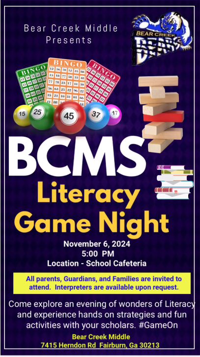 Bear Creek MS (@bearcreekms) on Twitter photo Hey Bears! Tonight’s the night! Come out and get your game on! Please join us for Literacy Night on Wednesday, November 6th at 5:00 p.m. as the ELA Department shares literacy strategies and resources to support at home. 📚<a href="/billups_LA/">Lamar A. Billups</a> <a href="/jasonjstamper/">Jason Stamper, EdD</a> <a href="/HortonkEla17/">Kasharia Horton</a> <a href="/MrsDelaney101/">Marquise Delaney, Ed.S.</a> Hey Bears! Tonight’s the night! Come out and get your game on! Please join us for Literacy Night on Wednesday, November 6th at 5:00 p.m. as the ELA Department shares literacy strategies and resources to support at home. 📚<a href="/billups_LA/">Lamar A. Billups</a> <a href="/jasonjstamper/">Jason Stamper, EdD</a> <a href="/HortonkEla17/">Kasharia Horton</a> <a href="/MrsDelaney101/">Marquise Delaney, Ed.S.</a>