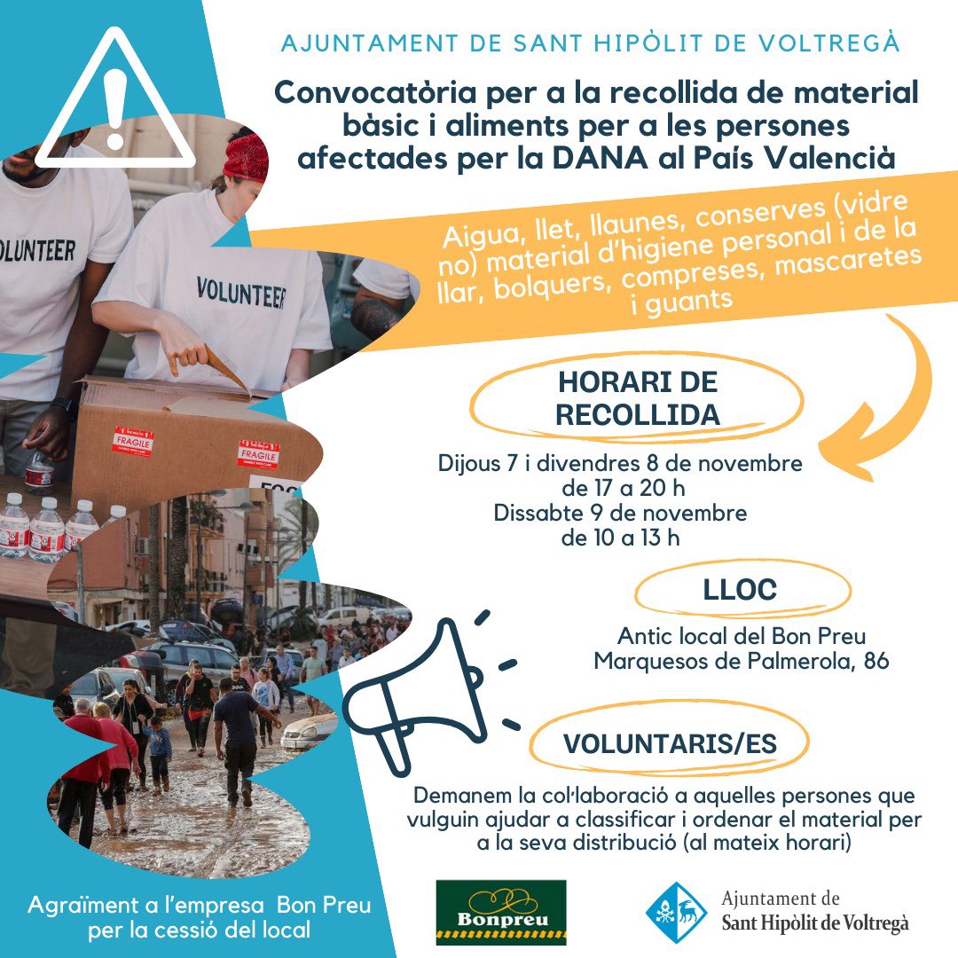 ajSantHipolit's tweet photo. Convocatòria per a la recollida de material bàsic i aliments per a les persones afectades per la DANA al País Valencià.

Horari de recollida:
Dijous 7 i divendres 8 de novembre, de 17 a 20 h
Dissabte 9 de novembre, de 10 a 13 h https://t.co/D8cJhtnBfw