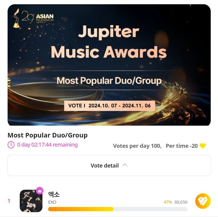 abt_ex9's tweet photo. ‼️EXO-Ls vote EXO on My1pick‼️
‼️EXO-Ls vote EXO on My1pick‼️
‼️EXO-Ls vote EXO on My1pick‼️
‼️EXO-Ls vote EXO on My1pick‼️
⛔️EXOL MONSTER VOTING ⛔️
#MassVoteForExo
#EXOLVoteJma
#EXO #엑소 @weareoneEXO https://t.co/KmQZAurrpG