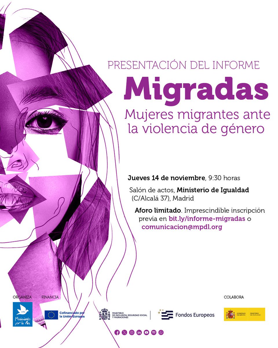 MovimientoxlPaz's tweet photo. 🟣 Presentamos el informe “#Migradas: mujeres migrantes ante la violencia de género” en el @IgualdadGob en #Madrid.
📅 Jueves 14 de noviembre a las 9:30 horas.
🔗 Inscripciones y programa completo: https://t.co/J5L6OKCxLe
#MujeresMigradas #SinNosotrasNoHabráPaz https://t.co/3jc7tVvDMx
