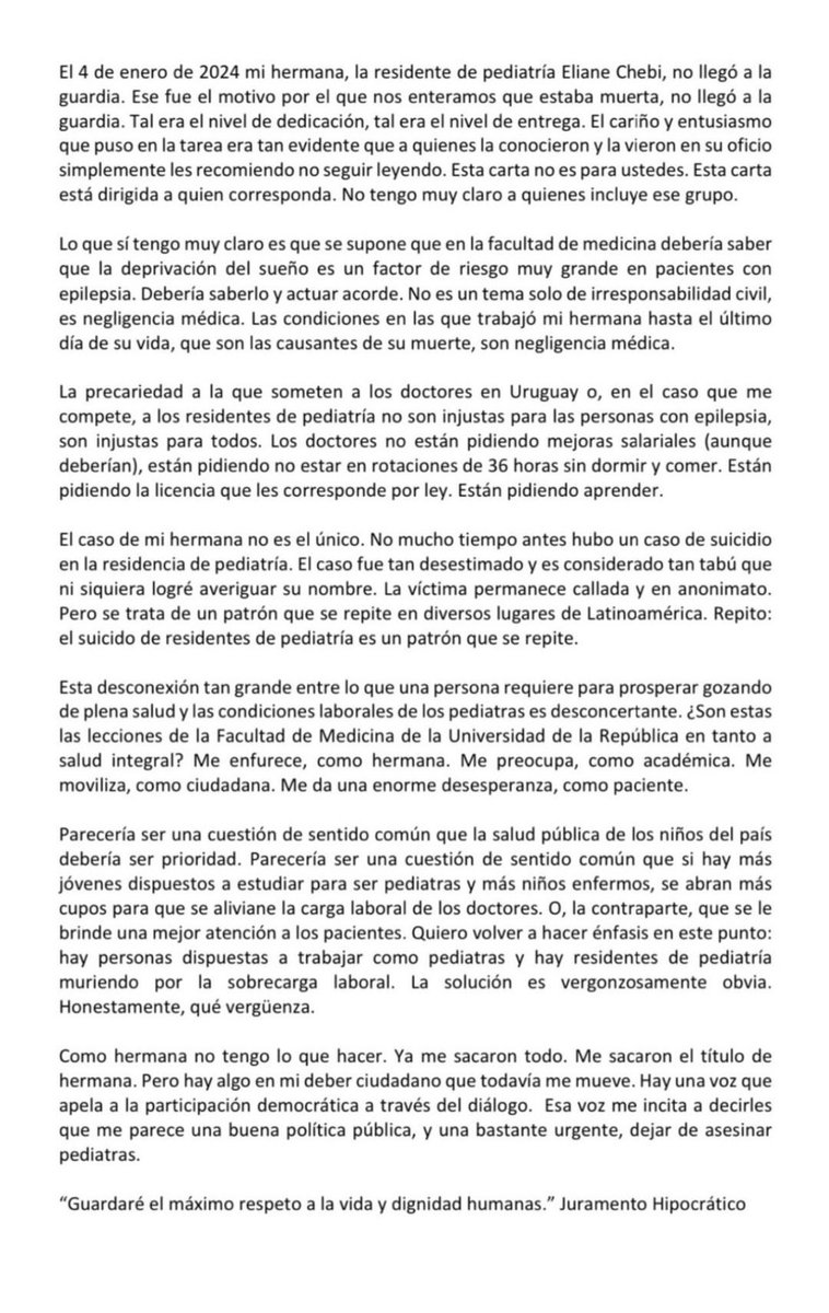 Tal vez se están enterando ahora lo que le pasó a Eliane, Médica Residente de Pediatría.Hermana. Hija. Compañera. Amiga. PERSONA. 

Con una vocación tan grande que la llevó a su muerte en un sistema negligente

Si tienen un minuto pasen y lean el testimonio de su hermana: