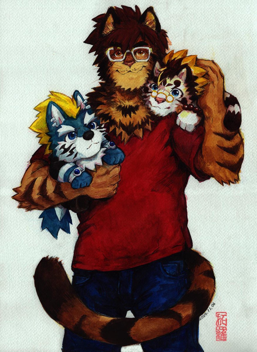 toronoekaki's tweet image. Yue Huang (fursona) carrying plushies of his favourite characters (fictional husbands).

Date: 2024-11-06
Size: 275mm x 375mm (digitally cropped down)
Medium: Watercolours

#furryart