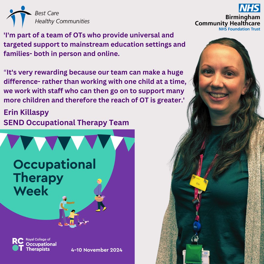 @bhamcommunity (@bhamcommunity) on Twitter photo Our OTs are a vital part of teams in all our clinical divisions - making a real difference to people of all ages. On Day 3 of <a href="/theRCOT/">Royal College of Occupational Therapists</a>'s #OTWeek24, meet Erin - part of a team working in schools to make a real difference to children and young people. Our OTs are a vital part of teams in all our clinical divisions - making a real difference to people of all ages. On Day 3 of <a href="/theRCOT/">Royal College of Occupational Therapists</a>'s #OTWeek24, meet Erin - part of a team working in schools to make a real difference to children and young people.