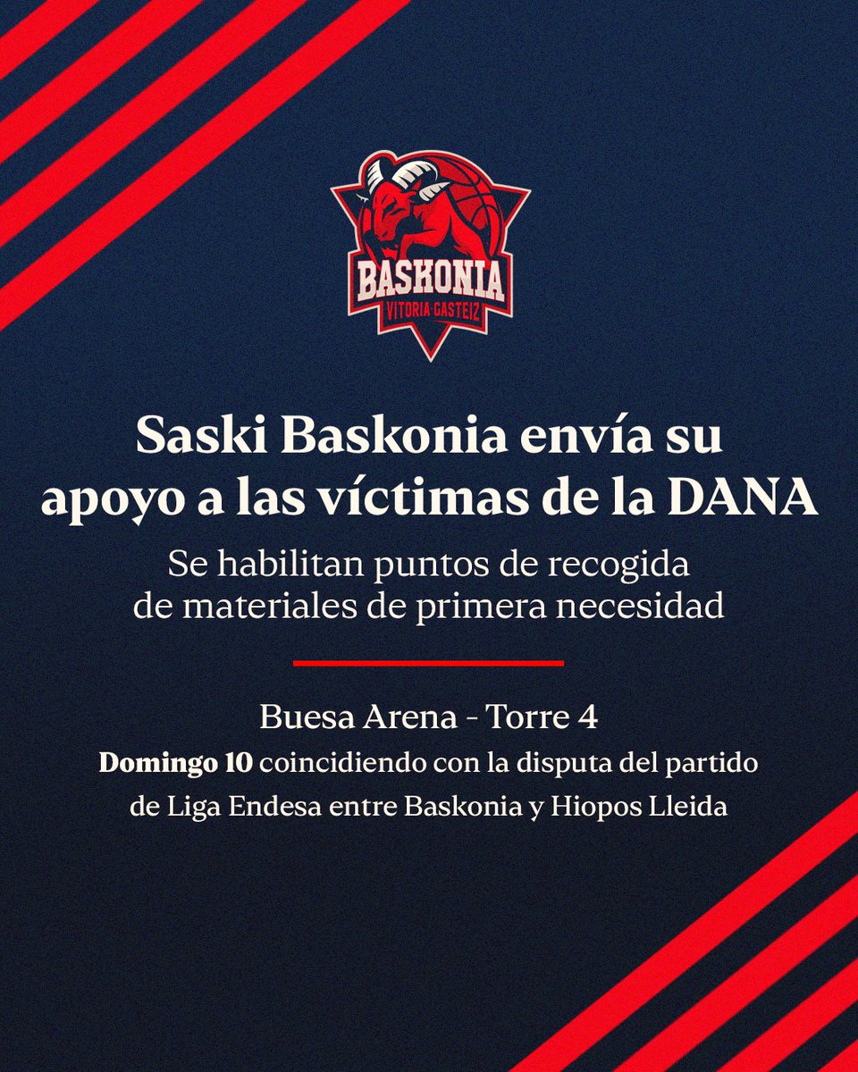 Esto domingo día 10, coincidiendo con el partido 🆚 <a href="/flleida/">HIOPOS LLEIDA</a>,  se habilitará la Torre 4 del Buesa Arena como punto de recogida de material para los afectados por la DANA

⌚️ De 15:00h a 17:00h 

➕ℹ️ t.ly/fsu5W