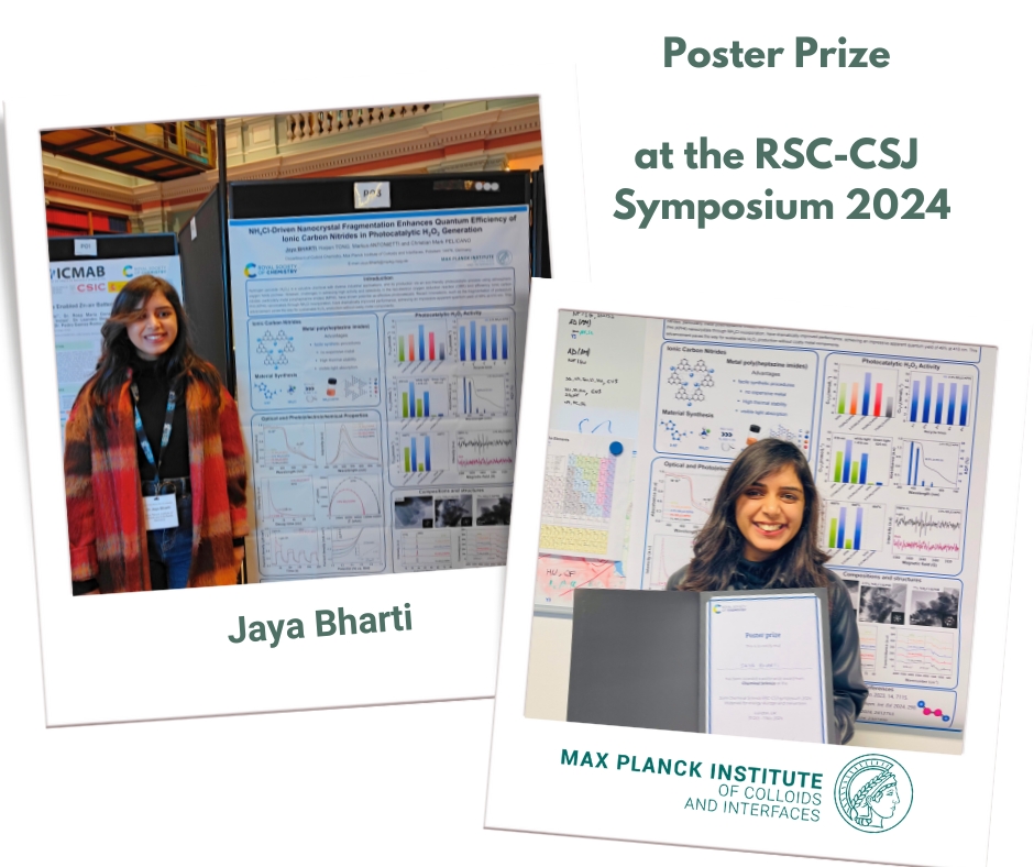 MpiciPotsdam's tweet photo. Way to go, Jaya Bharti! 

She received a poster prize by the @posterRoySocChem at the #ChemSciSymposium for her "NH4Cl-Driven Nanocrystal Fragmentation Enhances Quantum Efficiency of Ionic Carbon #Nitrides in #Photocatalytic H2O2 Generation."

More:
➡️ https://t.co/JQOqH5OWdS https://t.co/skKDs3JvH9