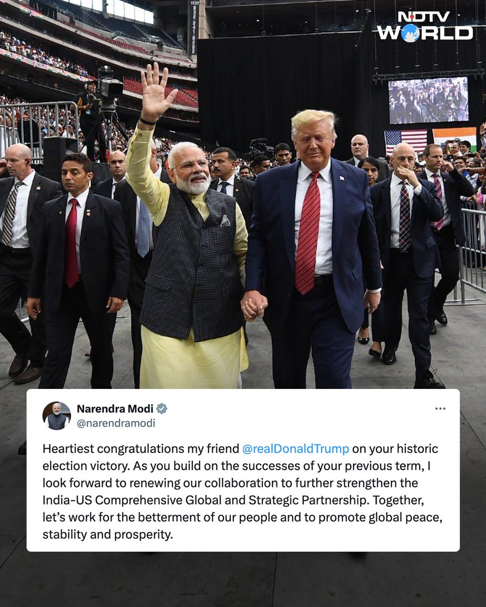 ndtv's tweet photo. 🔴 #BREAKING | Prime Minister Narendra Modi congratulates Donald Trump for his victory; writes "heartiest congratulations to my friend".

#USElectionsWithNDTV | #USDecides | #USElections https://t.co/ZCCgf54DTi