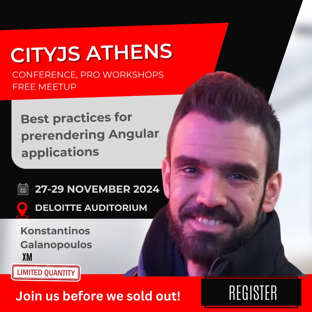 #CityJSAthens November edition around the corner and we got Konstantinos Galanopoulos <a href="/XM_COM/">XM_COM</a>  doing a talk on

Best practices on pre-rendering <a href="/angular/">Angular</a> applications!

Register now
athens.cityjsconf.org