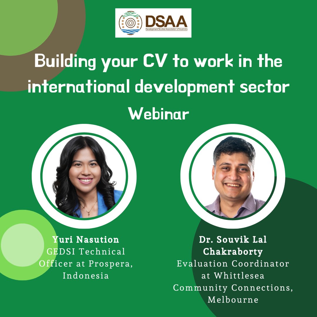 👥 Presenters for our 20 Nov webinar
Yuri Nasution, GEDSI Specialist, and Dr. Souvik Lal Chakraborty, Evaluation Coordinator. These experts will help you build a standout CV in the international development sector! 
#talkingdevelopment #dsaawebinars
Live on YouTube @DSA_Australia