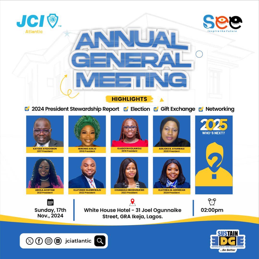 We’re excited to embrace - the *Annual General Meeting*! 🗓️✨

Cheers to a month brimming with progress, solidarity, and exciting prospects. Together, let's ensure this AGM becomes an unforgettable chapter in our collective story!" 
#SEE
#SustainEdge
#BeBetter 
#Lead
#JCIAtlantic