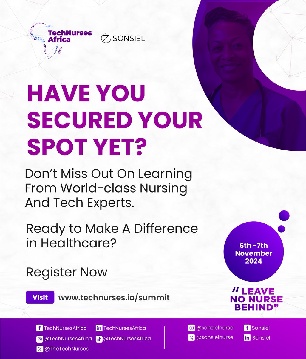 Today’s the day!

The TechNurses Africa Summit kicks off with an incredible lineup of speakers and sessions.

Prepare to be inspired, gain valuable insights, and connect with global nursing and tech leaders. 

If you haven’t registered yet, it’s not too late!

You can still