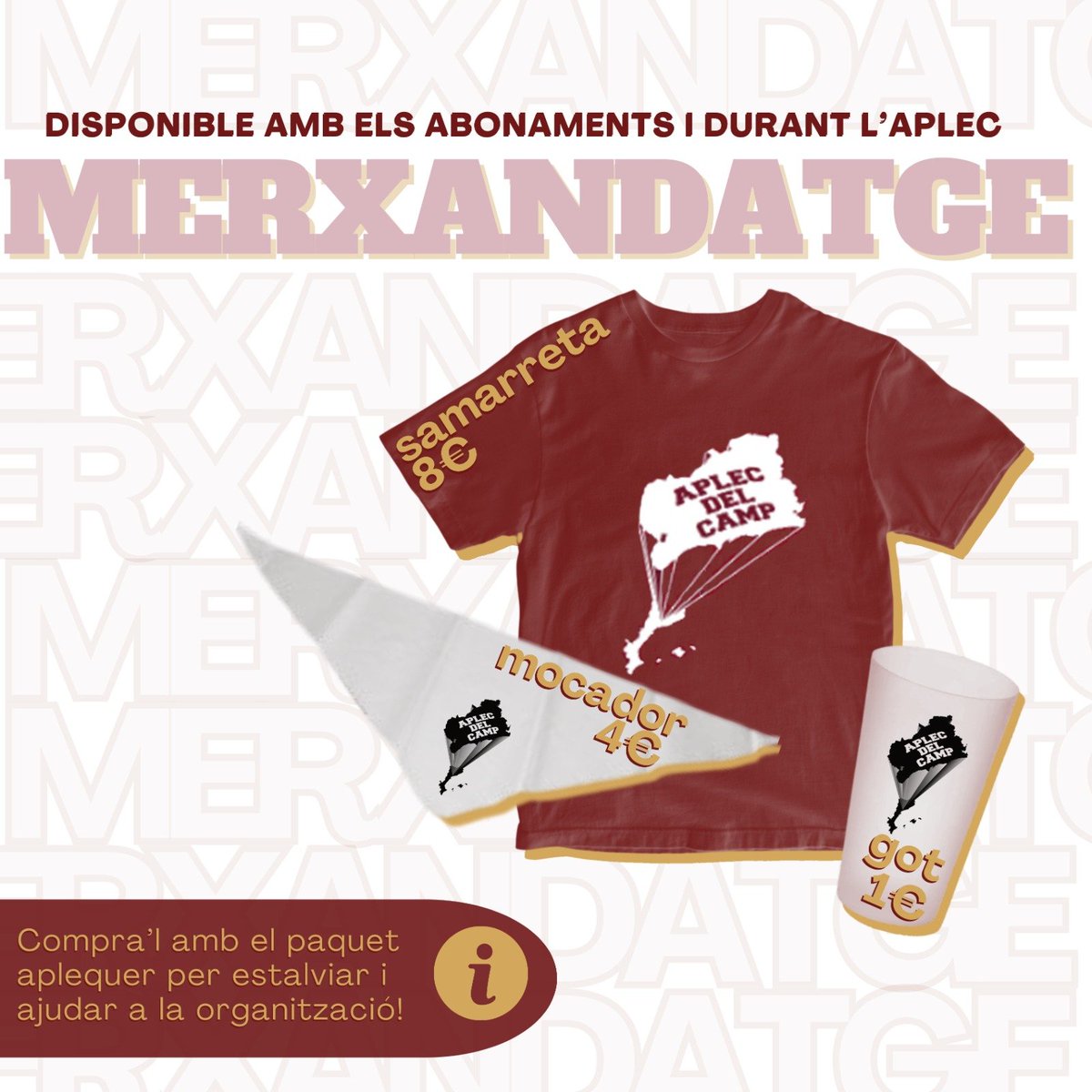 🎉 Aconsegueix el merxandatge de l' <a href="/aplec_delcamp/">Aplec del Camp</a>
👕 Samarreta per 8€
🧣 Mocador per 4€
🥤 Got per 1€

I si vols el paquet complet, aprofita el Plaquet Aplequer o el Miniaplequer! Tot inclòs i més econòmic! 💸

👉 A més, amb la teva compra ajudes l’organització

#AplecDelCamp