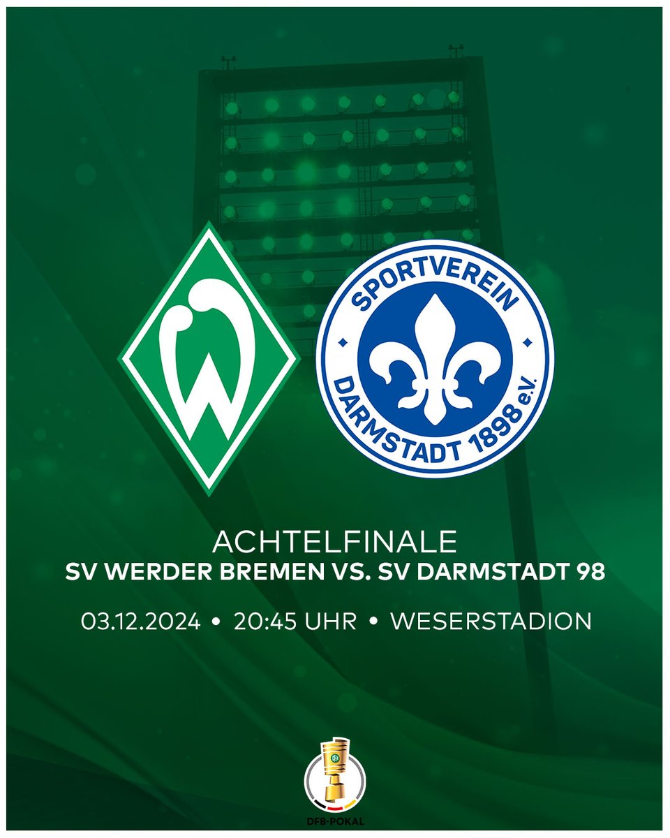 werderbremen's tweet photo. DFB-Pokal Achtelfinale am Dienstagabend 🏆

Werder empfängt den @SVDarmstadt1898 am Dienstag, den 03.12.2024, um 20.45 Uhr im Weserstadion. Das ergab die zeitgenaue Ansetzung des DFB.

Zur Meldung 👉 https://t.co/r0VKAPmCF7

#Werder | #SVWD98 https://t.co/3CcEP0Q52m