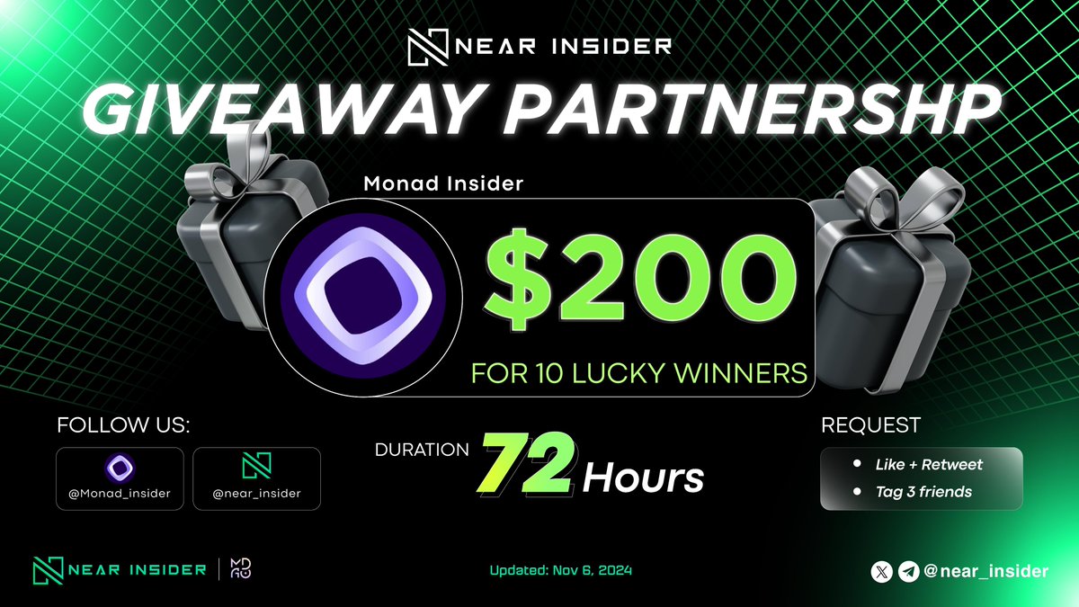 🚨 BIG #GIVEAWAY ALERT 🚨

🎉 We are excited to announce a one-of-a-kind giveaway event for our community🎉

🎁200 $USDC for 10 winners
⏰ Duration: 72 Hours

✅ Rules:
- Follow <a href="/Monad_insider/">Monad Insider</a> &amp; <a href="/near_insider/">Near Insider</a>
- Like + RT
- Tag 3 friends

#Airdrop