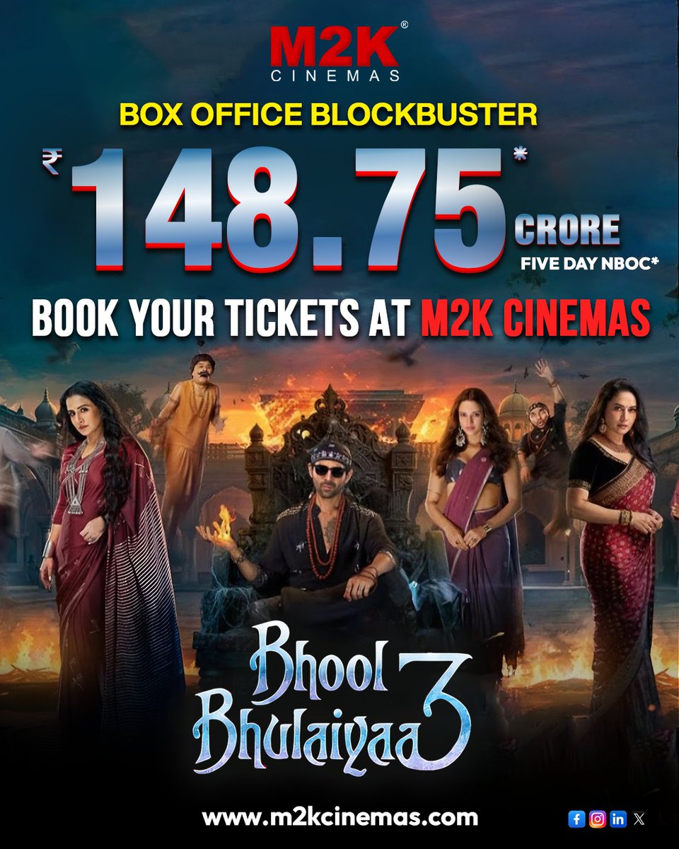 m2kcinema's tweet image. Bhool Bhulaiyaa 3 is taking over the box office.

𝗠𝟮𝗞 𝗖𝗶𝗻𝗲𝗺𝗮𝘀, Pitampura
𝗠𝟮𝗞 𝗖𝗶𝗻𝗲𝗺𝗮𝘀, Rohini

#M2KCinemas #SuperstitionBeliever #SpookyComedy #KartikAaryan #MadhuriDixit #VidyaBalan #TriptiiDimri #m2kcinemaspitampura #m2kcinemasrohini #BhoolBhulaiyaa3