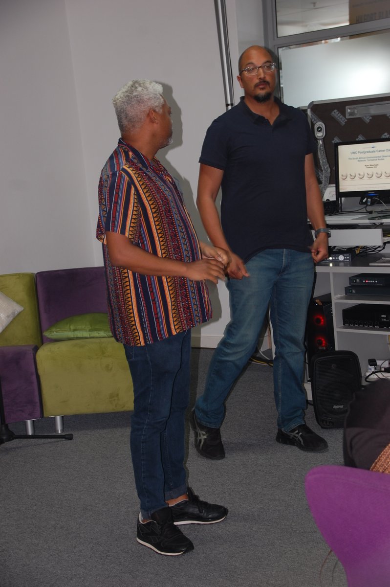 NRF-SAEON colleagues (SAPRI/Egagasini) Jordan Van Stavel, JJ Forgus, Safiyya Sedick, &amp; Dr. Ryan Blanchard (Manager, Fynbos Node) inspiring a new cohort of scientists, technicians, research assistants, and coordinators <a href="/UWConline/">UWC</a> Biodiversity &amp; Conservation Career Day <a href="/NRF_News/">National Research Foundation of South Africa</a>