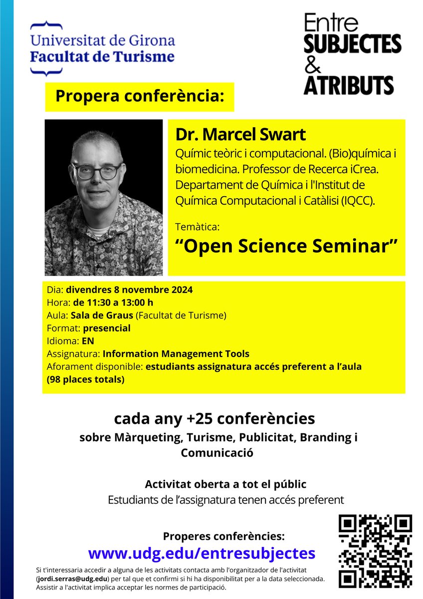 El proper divendres 8 de novembre rebrem a la Facultat de Turisme al Dr. Marcel Swart realitzant un seminari obert, sobre ciència!

T’ho perdràs??🙌🏼
