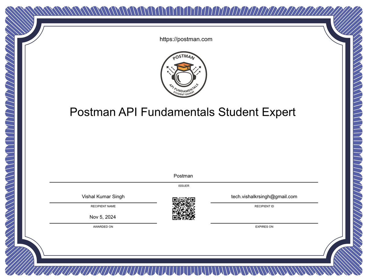 vishalvoid's tweet image. I’m thrilled to have completed the #Postman API Fundamentals Student Expert certification! 

This journey has been an incredible learning experience, enhancing my #API skills and deepening my understanding of Postman’s powerful features. 

#letsconnect #100DaysOfCode #opensource