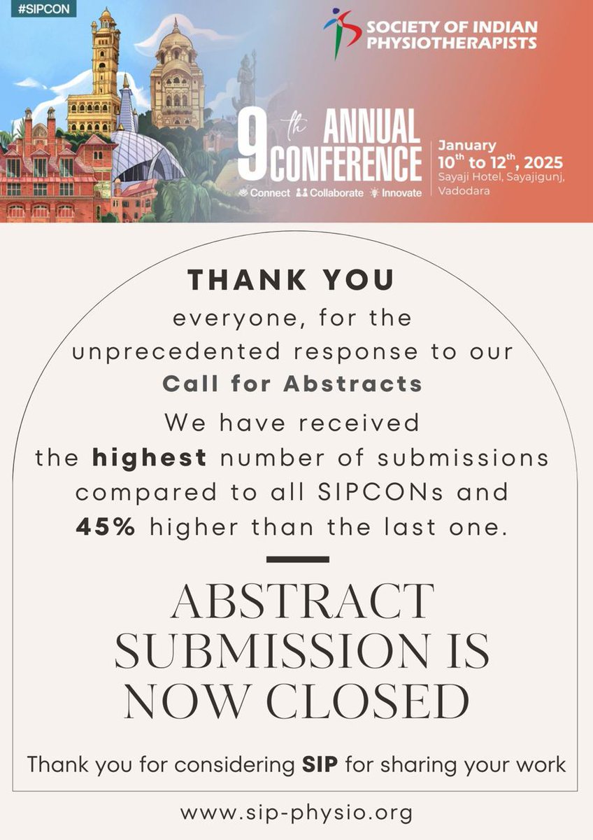 SIP_Physio's tweet image. Thank you all for your faith in us! 

We are overwhelmed with your response to our Call for Abstracts for the 9th Annual Conference of Society of Indian Physiotherapists  

#SIPCON #IndianPhysios #GlobalPT