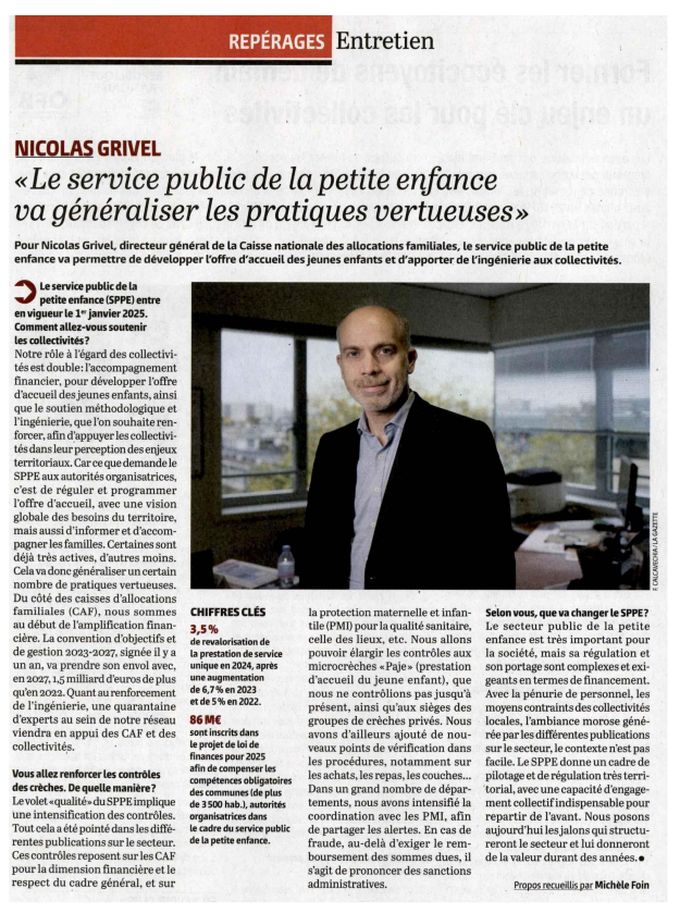 cnaf_actus's tweet photo. À moins de deux mois du lancement du Service Public de la Petite Enfance, @nicolasgrivel, DG de la Cnaf,  explique dans @Lagazettefr comment ce dispositif va instaurer de nouvelles pratiques vertueuses.

🔍 Meilleure information pour les familles, augmentation de l’offre d’accueil des tout-petits, renforcement des contrôles de qualité et soutien méthodologique accru aux collectivités : un aperçu complet du SPPE dans cet article, avec l’aimable autorisation de la Gazette des communes.