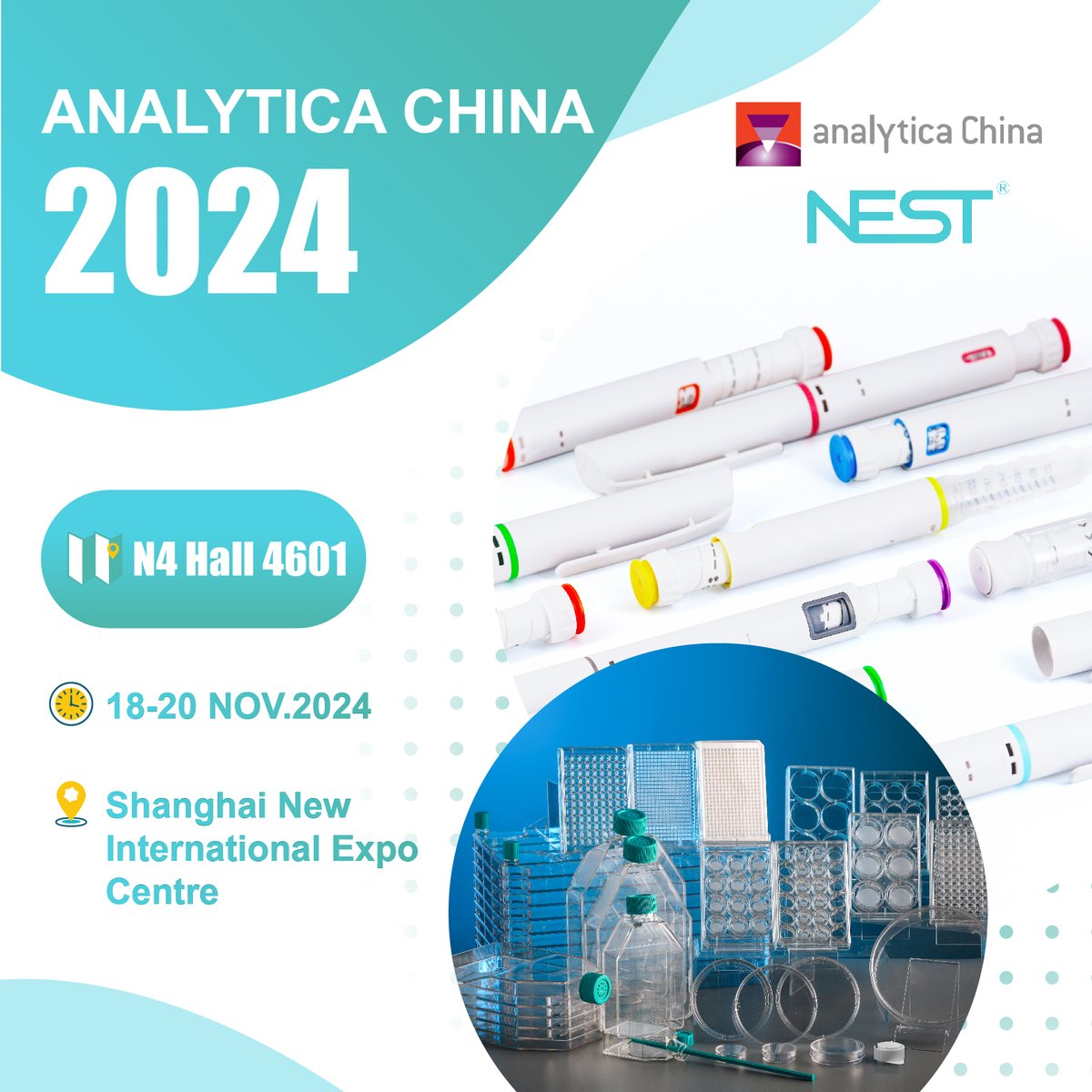NESTBiotechnol1's tweet image. Discover NEST at #Analytica China 2024! We’re showcasing #labconsumables, advanced nasal spray devices, and versatile Pen Injectors compatible with various medications.
Visit us at Booth N4-4601 from November 18-20 to see how NEST supports #CellCulture #LabLife #Biotech