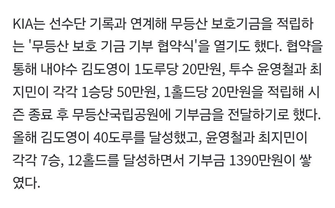 무등산데이 때 보호기금 협약 맺었는데 도영이 40도루해서 혼자 800만원 쌓음 ㅅㅂ 존웃