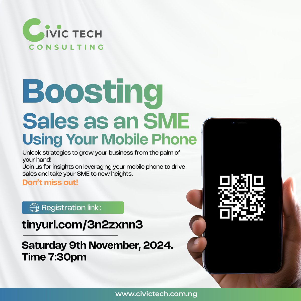 Ready to take your SME to the next level? 

Join us for a transformative session on boosting sales as an SME using your mobile phone. 

Learn powerful strategies to drive sales and grow your business all from the palm of your hand. 

Don’t miss this opportunity to unlock the