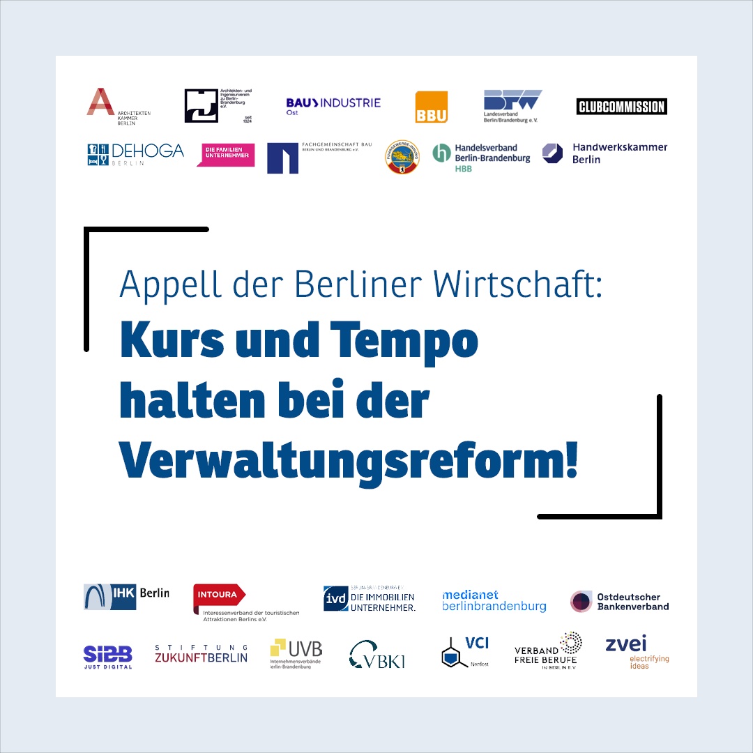 🚀 Kurs und Tempo halten bei der Verwaltungsreform! 

Diesen Appell richten wir gemeinsam mit mehr als 20 Wirtschaftsverbänden der Metropolregion Berlin an Politik und Verwaltung.

Zur Pressemitteilung: ihk.de/berlin/presse/…