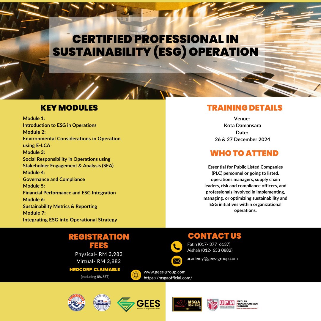hsegroupMY's tweet photo. 📢 Join Us for the Cepiso Training: Certified Professional in Sustainability (ESG) Operation! 📢

💲 Registration Fee: 
  Physical- RM 3,982
  Virtual- RM 2,882 

📞 Contact for Registration: +6017-3776137 (Fatin) / +6012-6530882 (Aishah
🌐 Register here: https://t.co/URySbTru6J https://t.co/yIlPM2hOpp