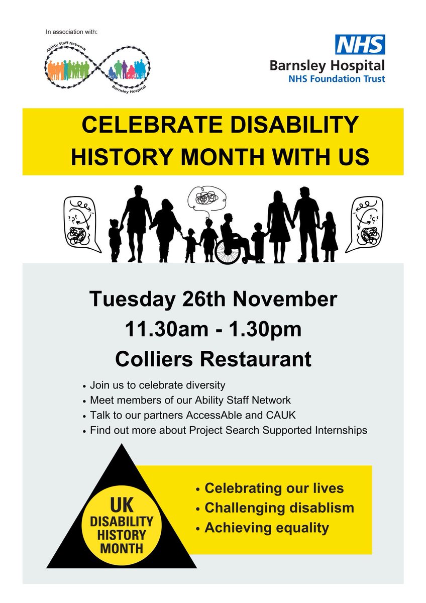BHNFTInclusion & Wellbeing (@bhnfthwb_edi) on Twitter photo Join us in three weeks as we celebrate diversity during #DisabilityHistoryMonth alongside our Ability Staff Network & partners <a href="/AccessAbleUK/">AccessAble</a> & Communication Access UK. You can find us in Colliers restaurant on Tues 26th Nov 11.30am - 1.30pm. #UKDHM Join us in three weeks as we celebrate diversity during #DisabilityHistoryMonth alongside our Ability Staff Network & partners <a href="/AccessAbleUK/">AccessAble</a> & Communication Access UK. You can find us in Colliers restaurant on Tues 26th Nov 11.30am - 1.30pm. #UKDHM
