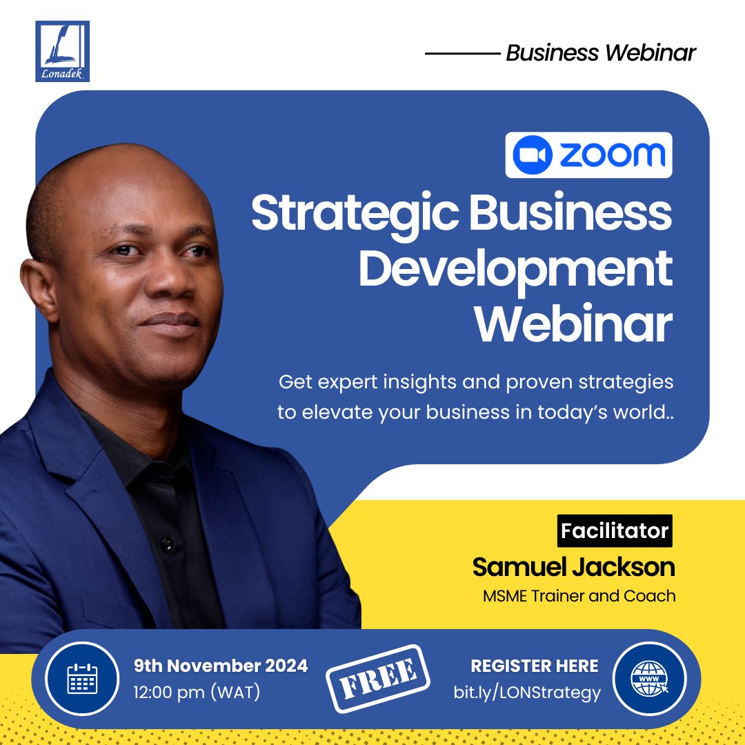 LonadekInc's tweet photo. Meet Our Facilitator!
We're thrilled to announce that the Head of The Cedar Stem and Entrepreneurship Hub, Dr. Samuel Jackson, will be facilitating our Strategic Business Development Webinar.
Register now via - https://t.co/pj79ULGUdw
#Lonadek #StrategicBusinessDevelopment https://t.co/C3I6HkqEjp