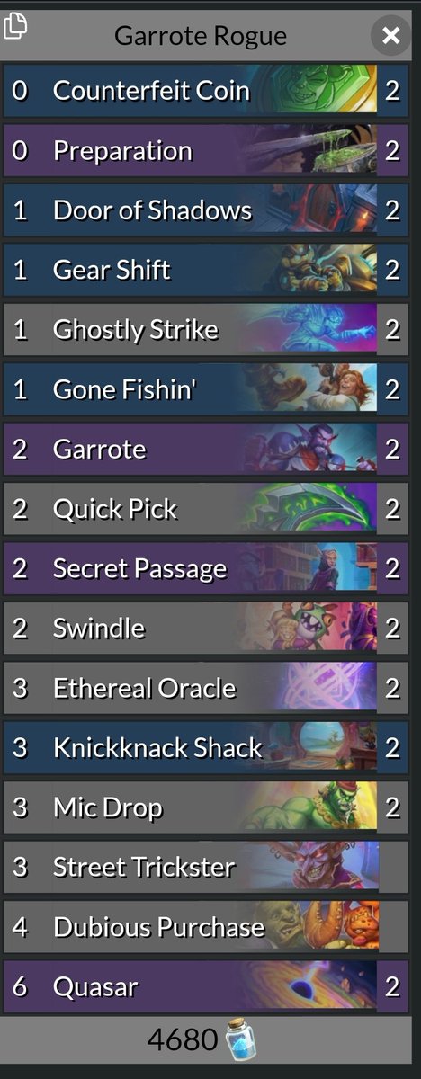 Shiro rank 16 legend on CN server with Quasar Garrote Rogue. Avg turn 5 lethal, probably second best deck in wild now. 

AAEBAaIHApW6Ara1Bg71uwKqywPn3QOO9AP3nwS3swT03QTBoQXawwW/9wXungbyyQby5wbk6gYAAA==