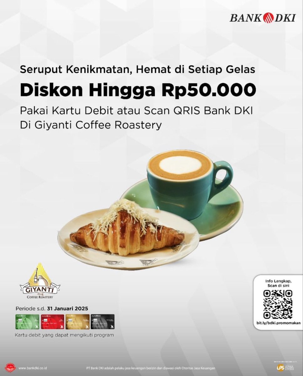 Seruput kopi favoritmu hemat hingga Rp50.000! 

Dapatkan diskon menarik ini cukup dengan menggunakan Kartu Debit atau Scan QRIS Bank DKI ☕️🥐  #GiyantiCoffeeRoastery #Diskon #Kopi #BankDKI #JakOneMobile