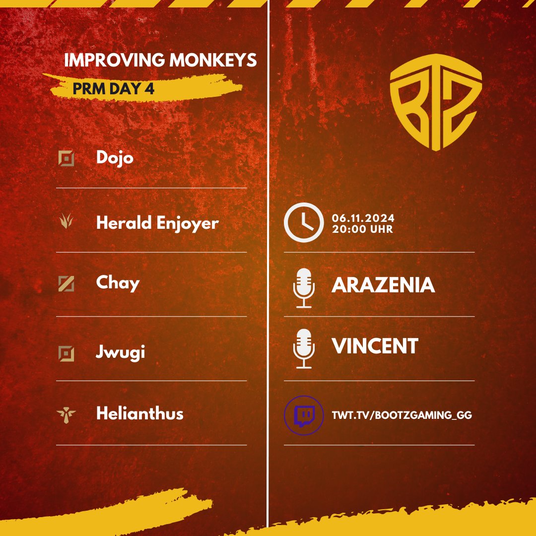 𝐁𝐨𝐨𝐭𝐳 𝐂𝐚𝐬𝐭
-------------- 
Es geht weiter mit dem <a href="/PrimeLeague/">Die Techniker Prime League</a> Wintersplit!

📆 06.11.2024 | 16:30 Uhr
📷 Sturmtief Fabienne vs Glanz und Gloria

📆 06.11.2024 | 20:00 Uhr
📷 Improving Monkeys vs <a href="/dieTRUEs/">TRUEsports</a> Claws