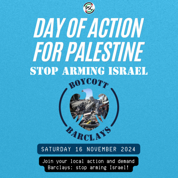 🚨SAT 16 NOV - BOYCOTT BARCLAYS DAY OF ACTION

Take action at a Barclays branch near you to demand the bank divests from all companies arming Israel's genocide. 

Full list of actions will be posted here: palestinecampaign.org/events/boycott…
