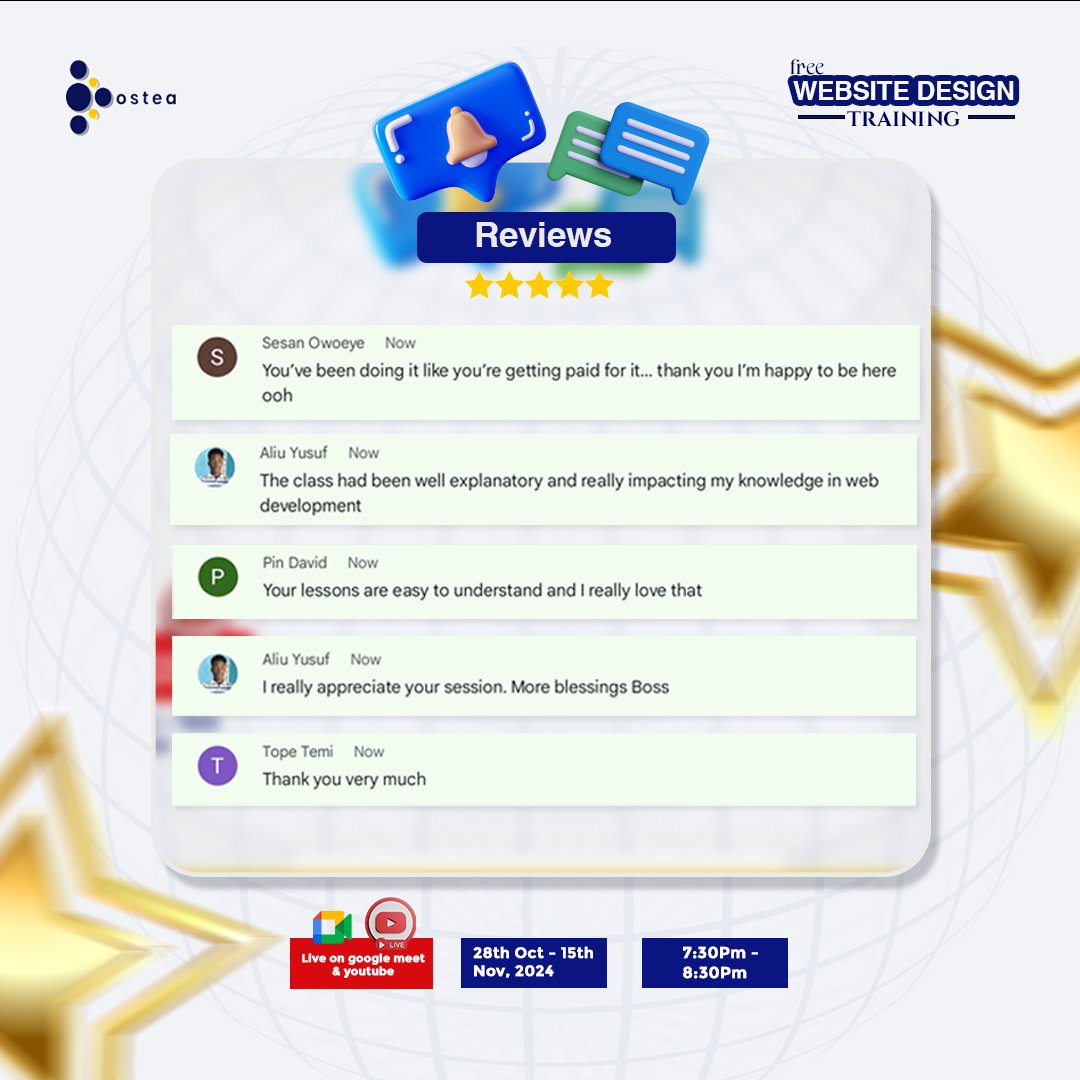 the_big_tobi's tweet image. Our students are talking about the impact of our website design classes:
The classes have been incredibly informative and engaging! - A student mentioned.
The class is still ongoing, and you can still join in!
#WebsiteDesignClass #LearnToDesign #WebDevelopment
#OsteaEmpire